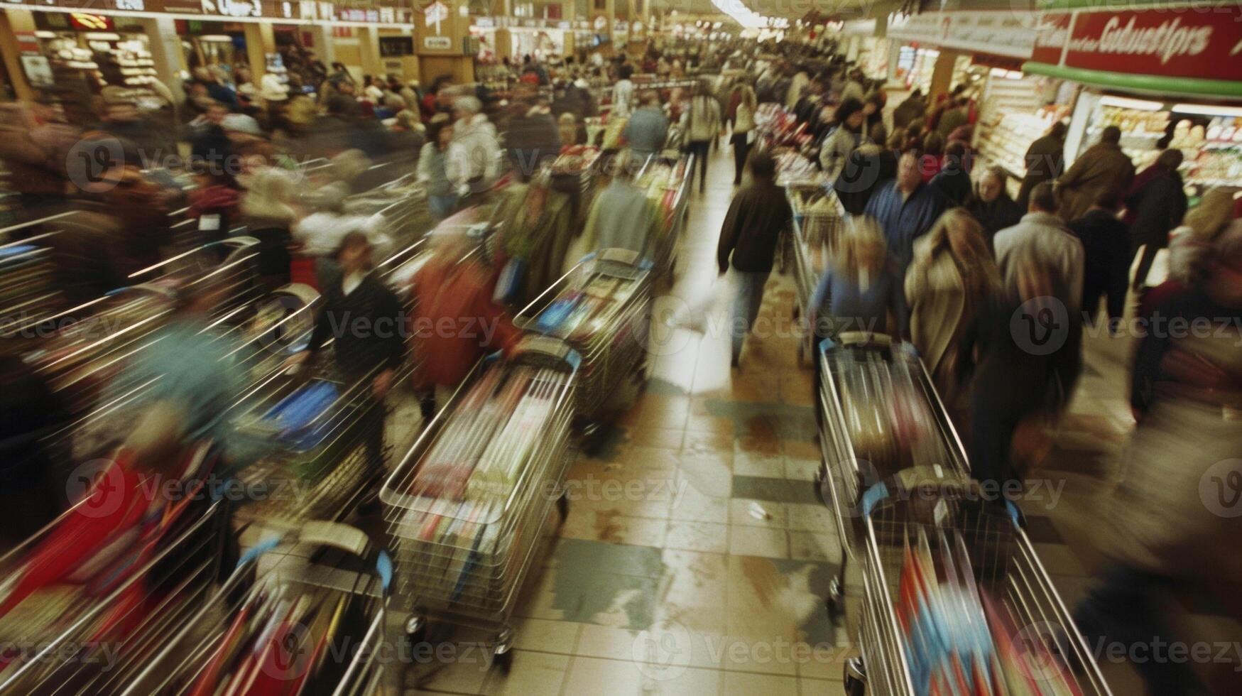The checkout lines move at a snails pace as customers wade through their overflowing carts trying to find their selected items photo