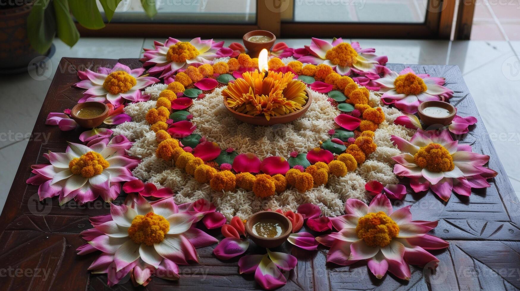 A beautiful rangoli design made with colorful rice flour and adorned with vibrant flower petals serving as a centerpiece for the Diwali dining table photo