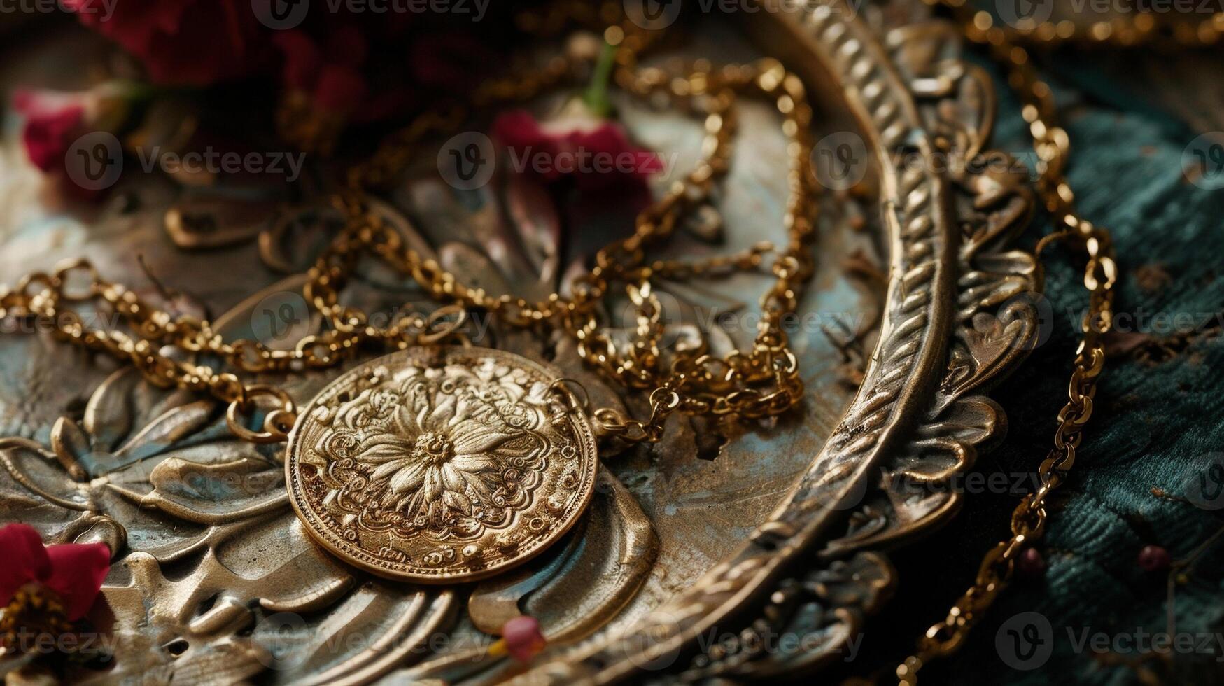 A closeup of a shiny gold necklace intricately designed with symbols of motherhood displayed on a velvetlined tray ready to be gifted to a treasured mother figure photo