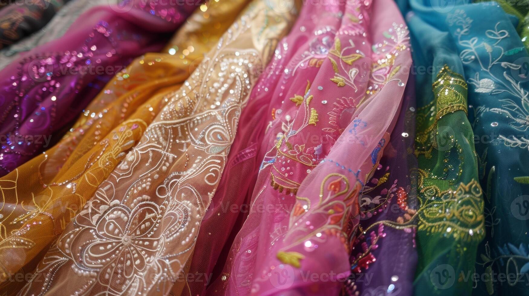 At a local fabric store customers carefully select vibrant fabrics and delicate lace to create their traditional Eid outfits adorned with intricate embroidery and sparklin photo