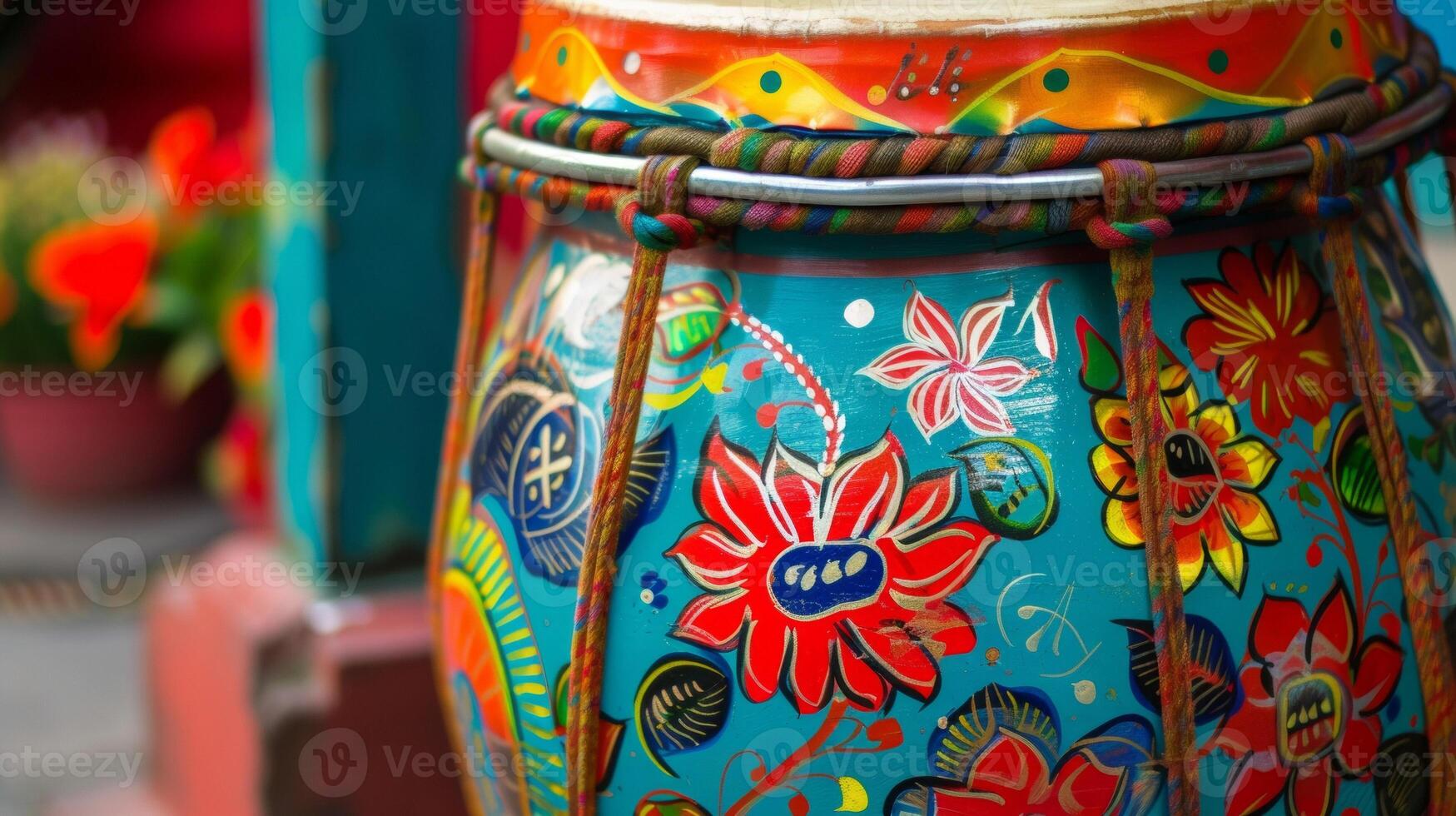 A closeup of a traditional drum commonly used in Carnival parades adorned with bright colors and intricate designs photo