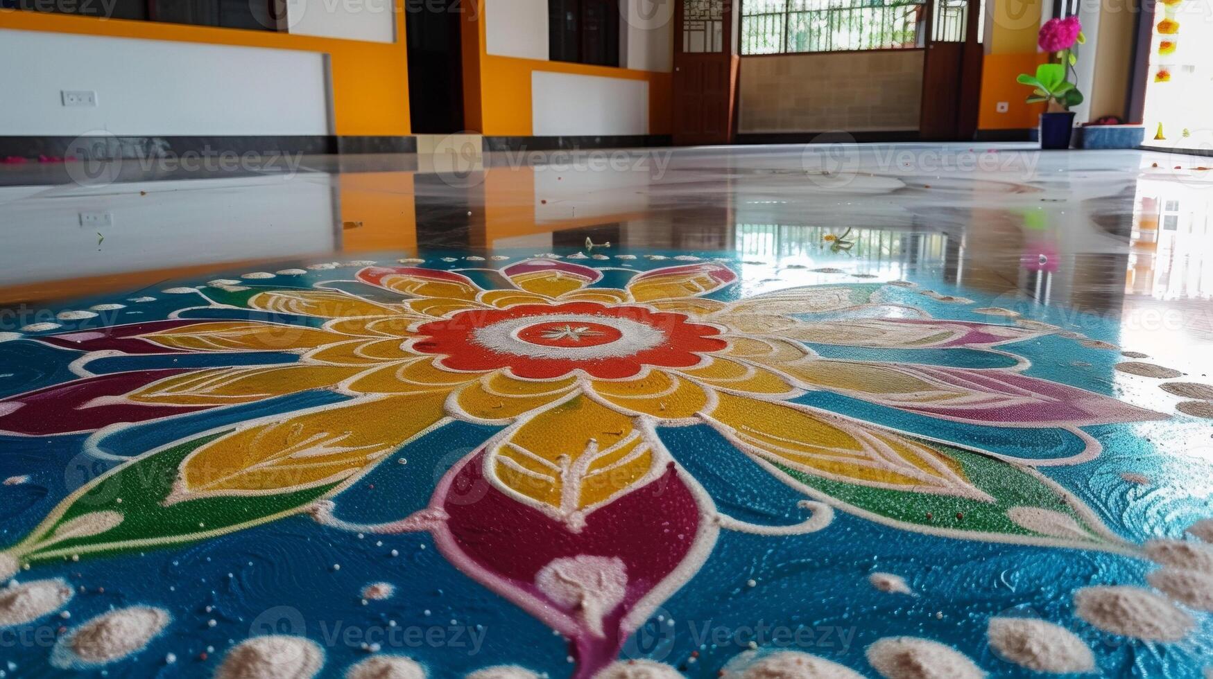 Another important aspect of Diwali is the cleaning and decorating of homes. Houses are thoroughly cleaned and decorated with colorful Rangoli designs flowers and diyas cla photo