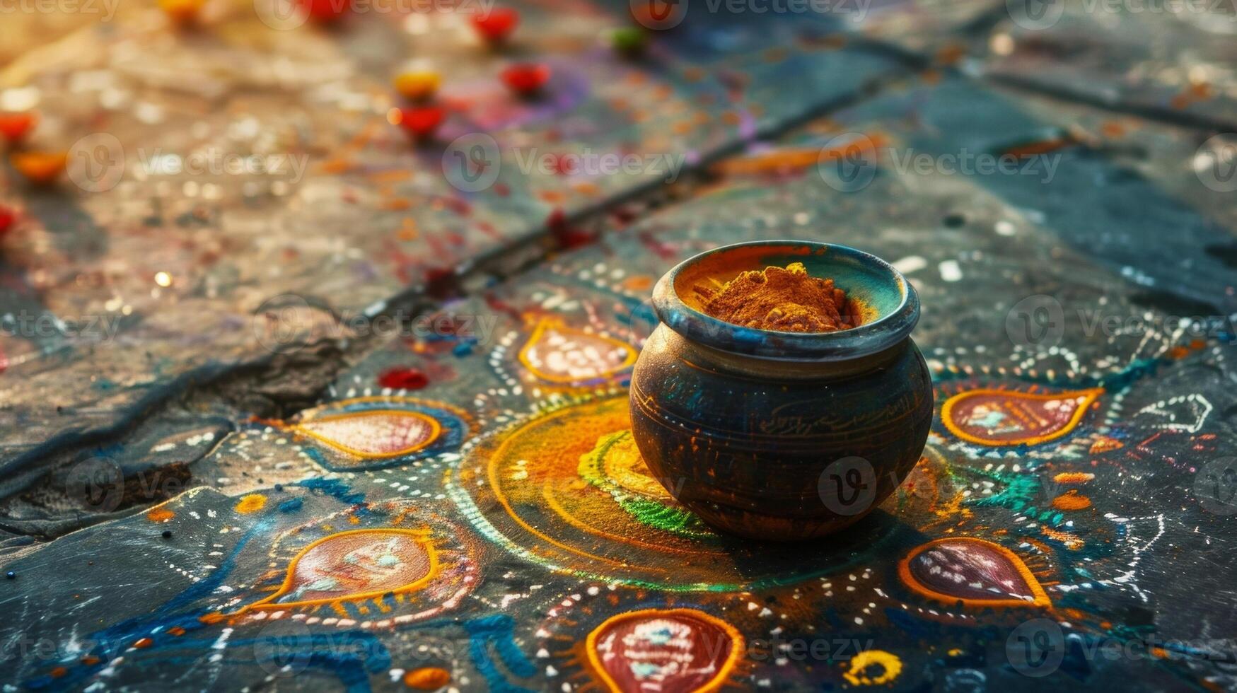 A jar of vibrant rangoli powder used to create intricate designs on the floor to welcome the Hindu goddess Lakshmi during Diwali photo