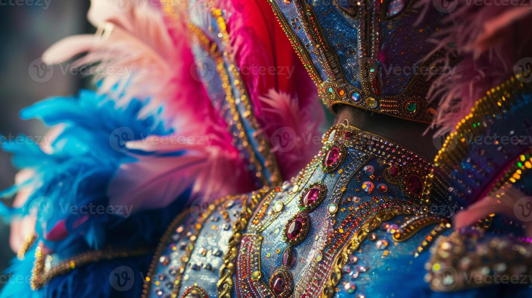 A closer look at a stunning carnival costume complete with a glittering headpiece feathered collar and intricate beading photo