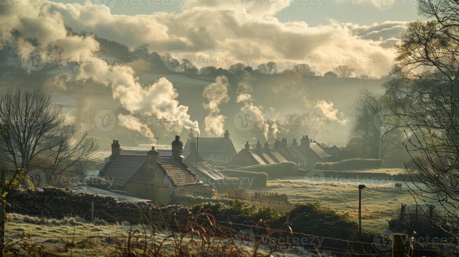 Serene countryside landscapes with smoke rising from chimneys as families gather for a day of relaxation after the busy Christmas festivities photo