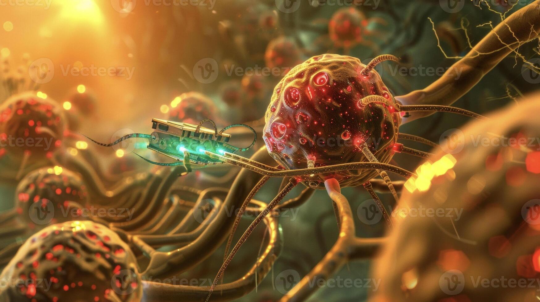 Detailed image of a nanorobot navigating through the maze of vessels targeting the tumor site with precision photo