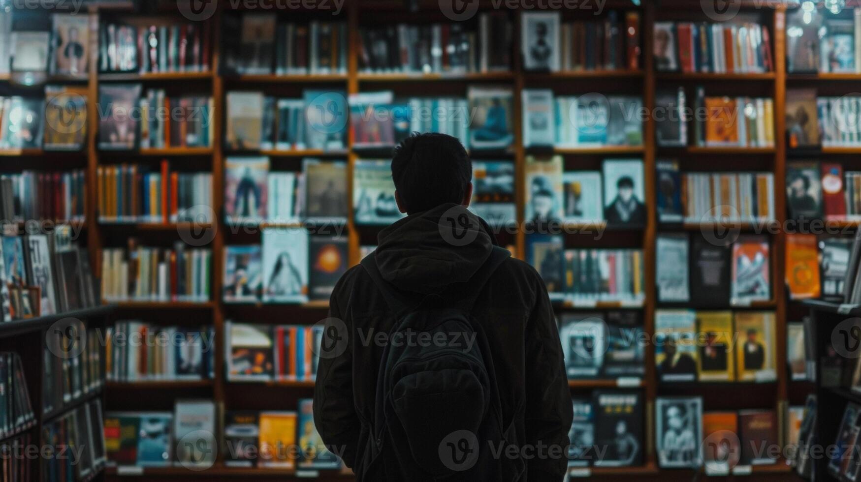 A person browsing through a selection of audiovisual materials in a multilingual library such as foreign films or language learning videos highlighting the diverse resource photo