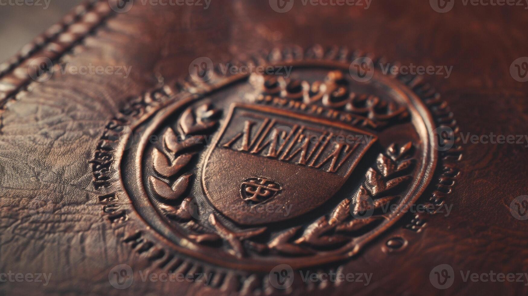 Closeup of a crest or emblem embossed onto a leatherbound cover of an archival educational transcript book showcasing the importance and prestige associated with educationa photo