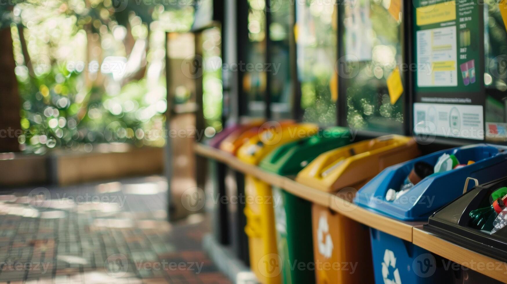 A set of recycling and composting bins at a campus dining hall accompanied by informational posters encouraging students to properly dispose of waste for a greener future photo