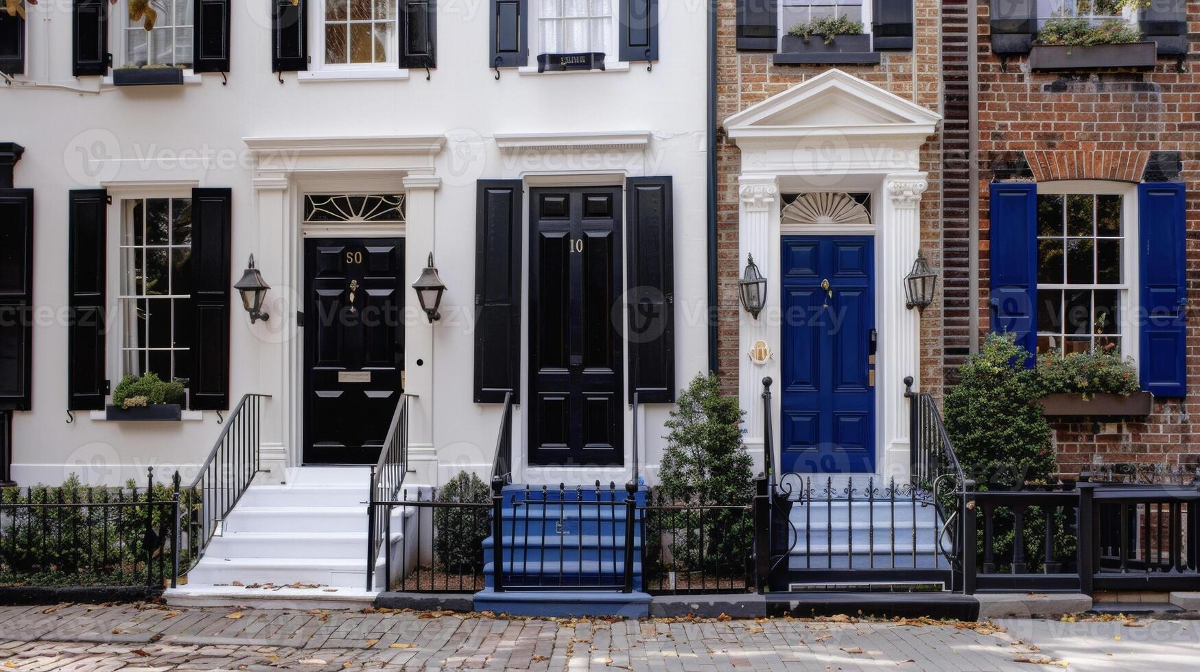 A line of elegant stately townhouses with classic black and white exteriors accented by deep navy blue doors and window frames photo