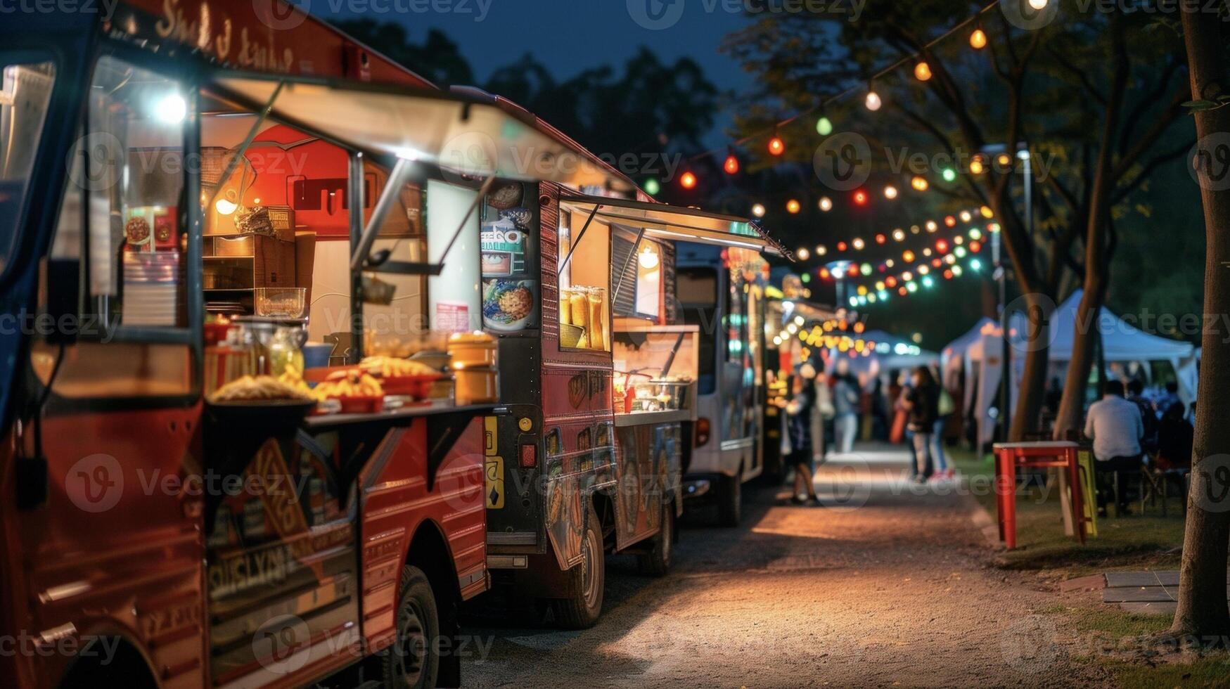 A row of food trucks at a popular outdoor event each featuring a different type of global cuisine from Italian pasta to Korean street food photo