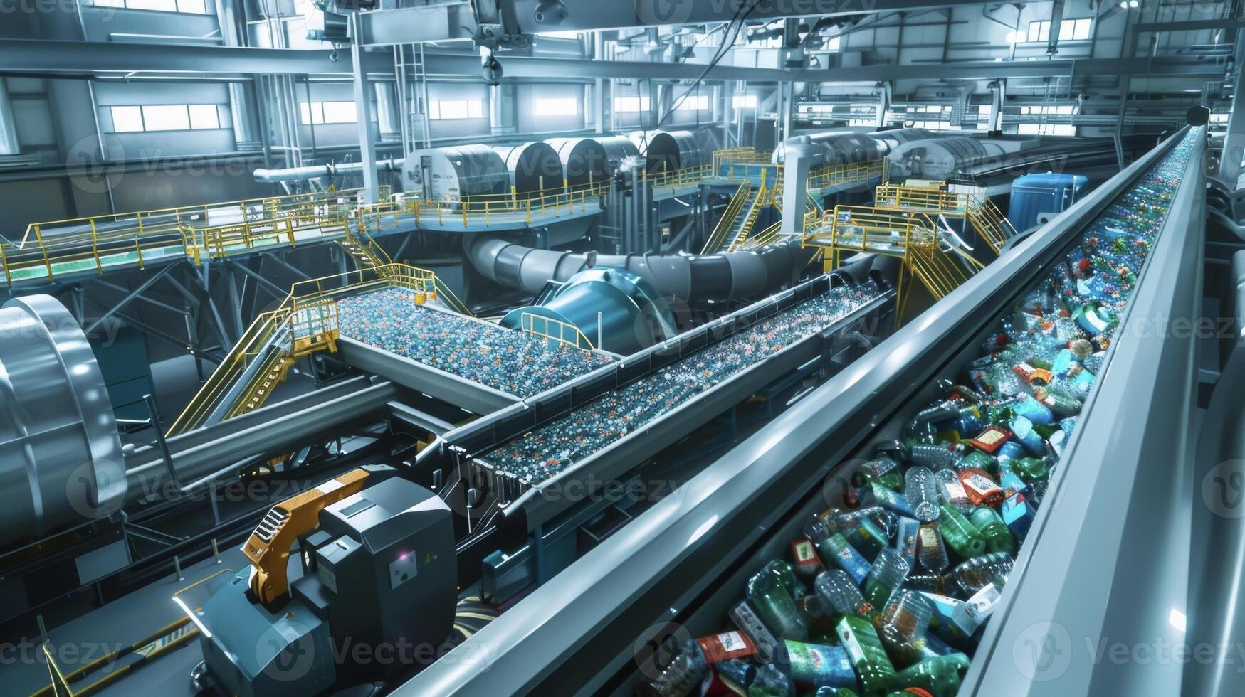 A futuristic recycling plant utilizing robotics and automation to sort clean and process recyclables at high speeds in a smart city photo