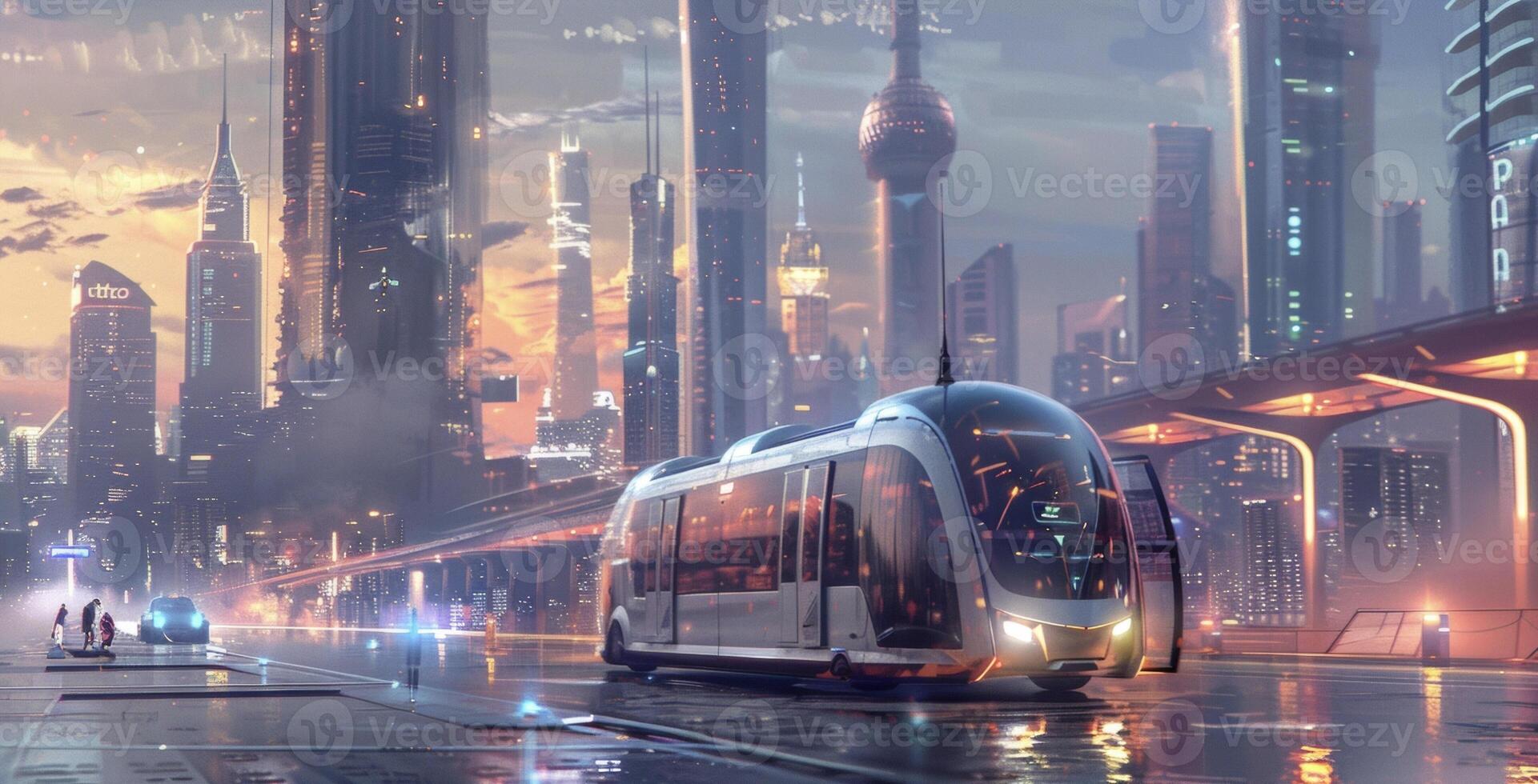 A city skyline with towering skysers in the background. In the foreground an electric selfdriving bus is pulling up to a futuristic station powered entirely by clean renewabl photo