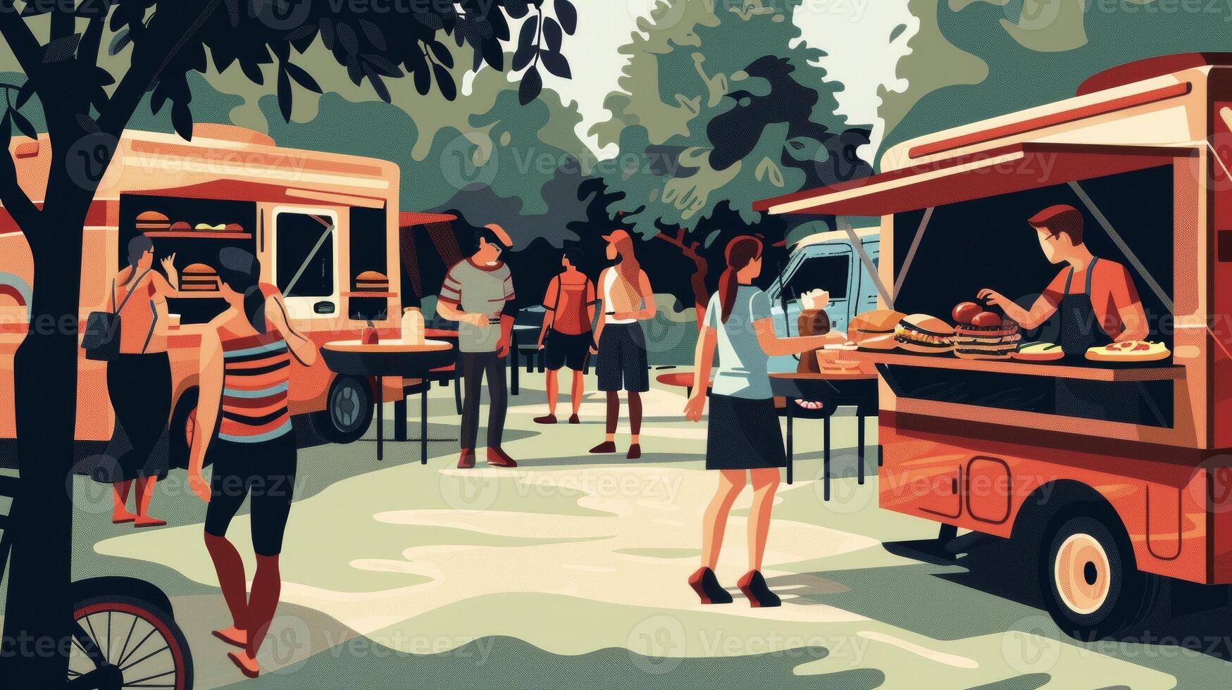 A gathering of food trucks converted into BBQ and grill kitchens offering an array of delectable options such as pulled pork sandwiches grilled chicken skewers and smoke photo
