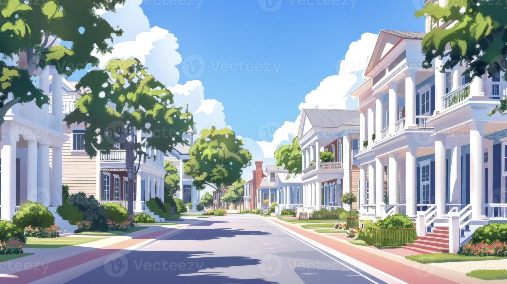 A street lined with traditional colonialstyle homes featuring white pillars and shutters contrasted against a row of sleek geometric minimalist homes with large windows an photo