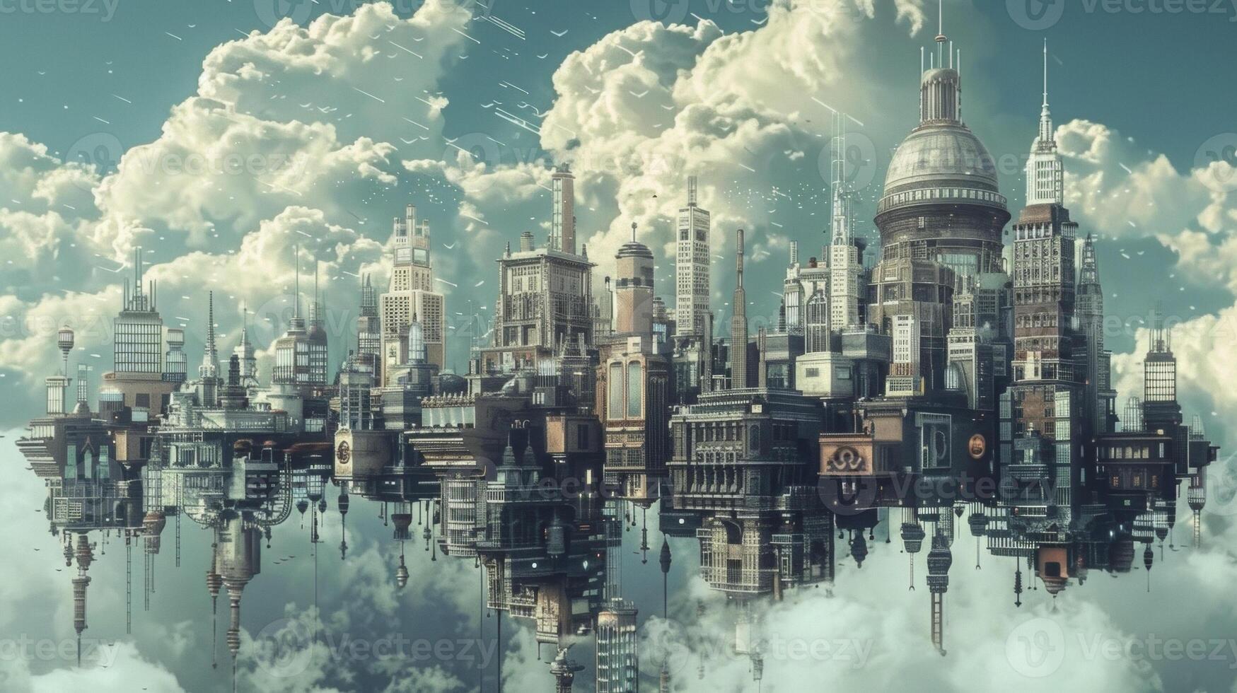 A sea of buildings rises into the sky a blend of futuristic structures and ornate timeworn constructions photo