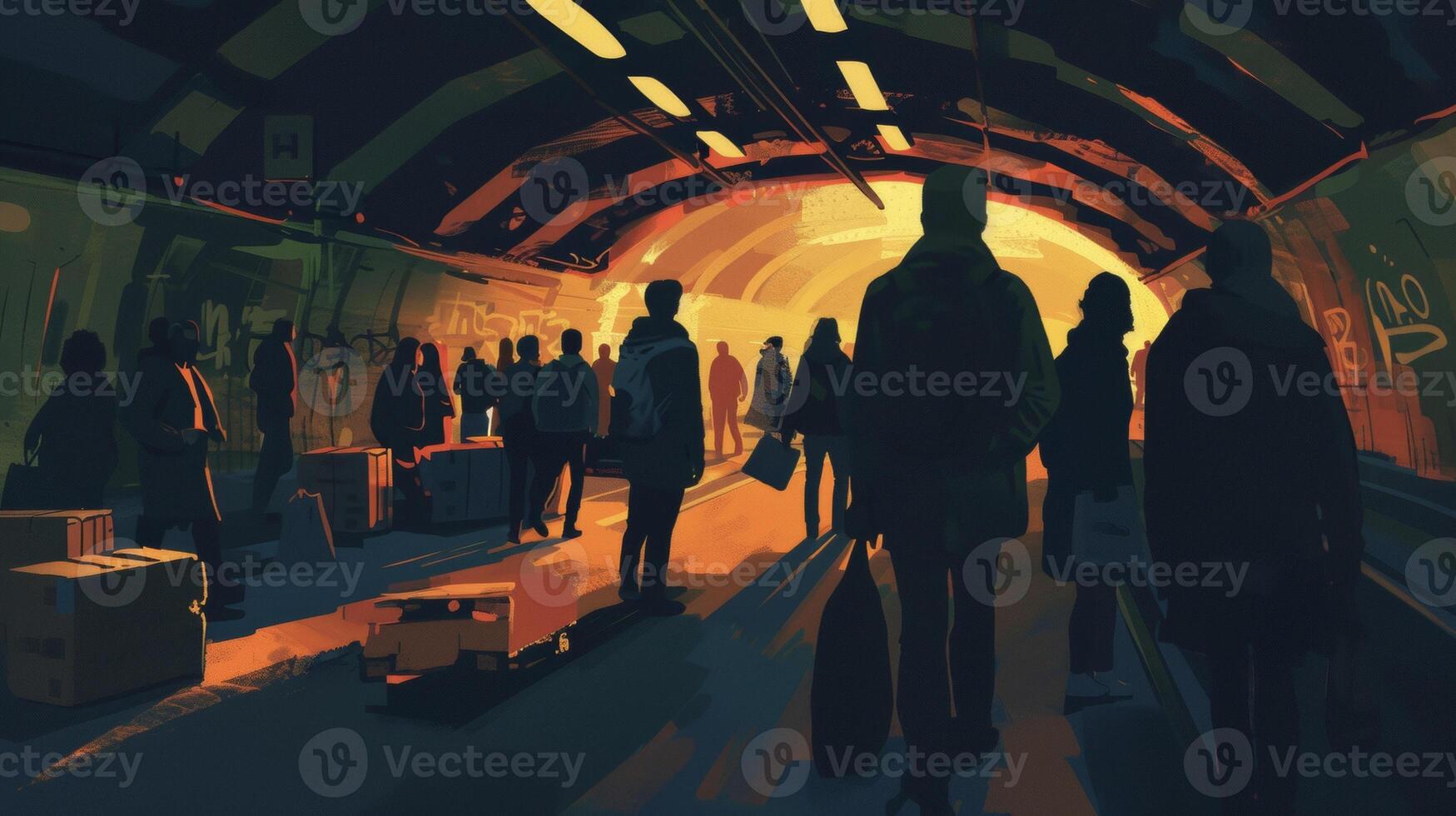 A POV shot from within the tunnels capturing the chaotic and busy atmosphere as people rush past and various goods are being transported photo