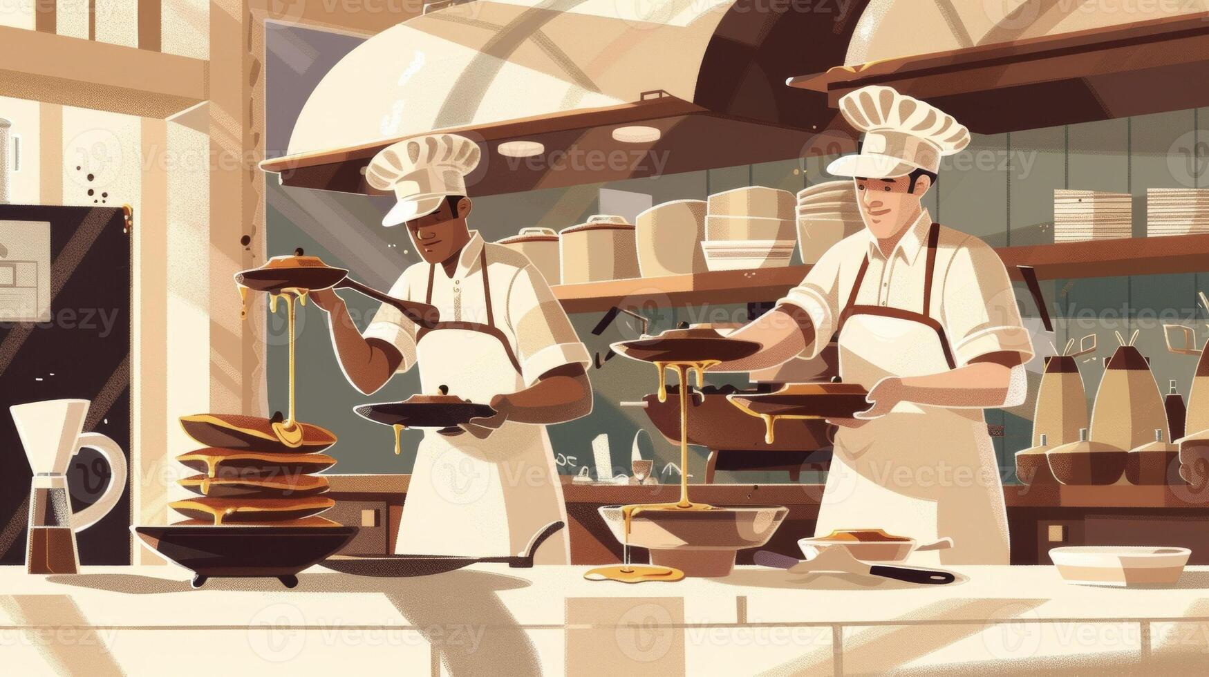 Chefs are hard at work behind counters expertly flipping pancakes and crepes in piping hot pans drizzling them with syrup and chocolate sauce and serving them up with a smil photo