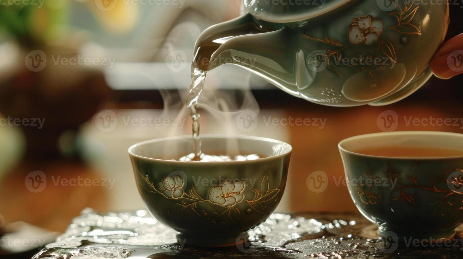 A hand pouring tea into a delicate intricately designed teacup symbolizing the ritual and mindful approach to wellness in traditional Chinese practices photo