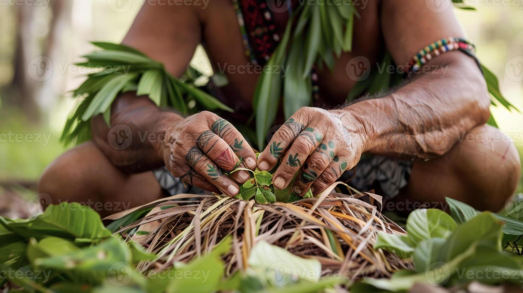 Delicate hands of an indigenous man carefully weave together leaves and grass to create a healing poultice known for its effectiveness in treating s and burns photo
