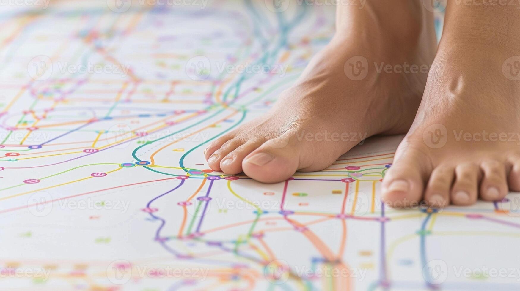 A persons feet positioned on a reflexology map with different colored lines and symbols indicating the pathways that correspond to specific bodily functions and systems photo