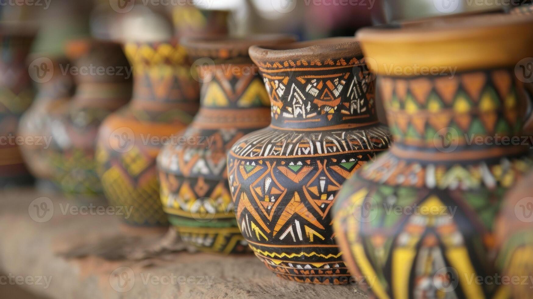 A line of intricately designed clay pots each filled with a unique herbal remedy and used in different ways to treat various ailments in African tribal medicine photo