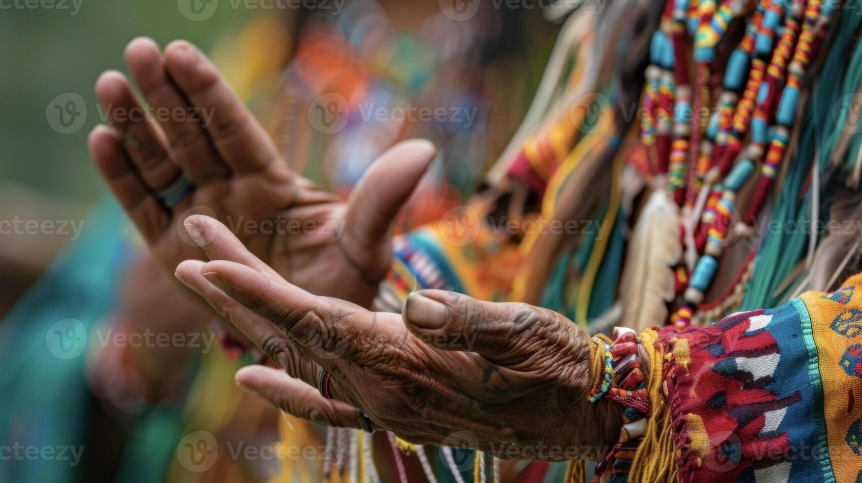 A detailed view of the shamans hands fingers slightly curled as they manipulate the energy around them during the dance photo