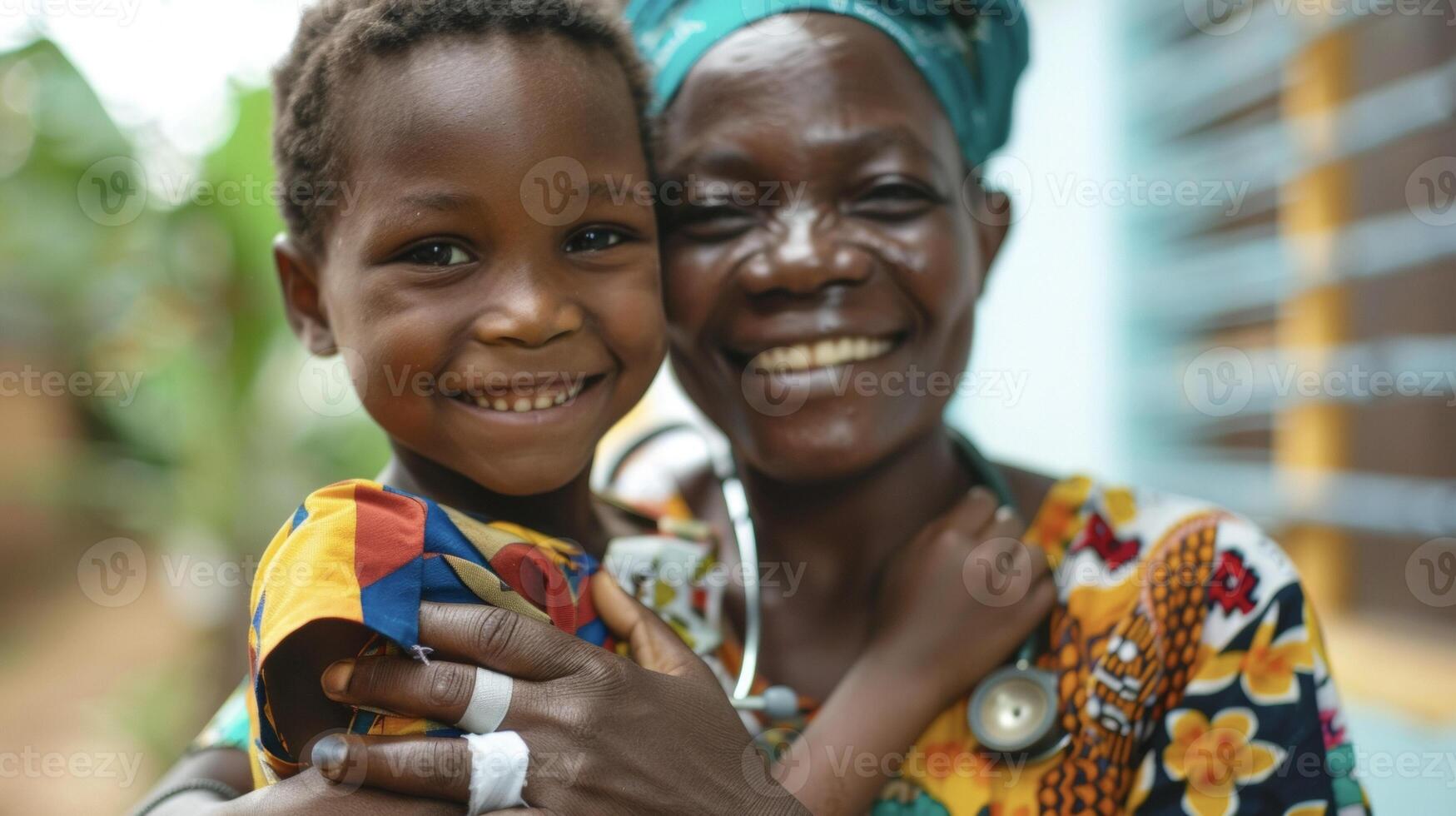 A young boy with a bandaged hand smiles as he receives a gentle hug from his caregiver a woman with a stethoscope around her neck. The bright colors of their traditional Africa photo