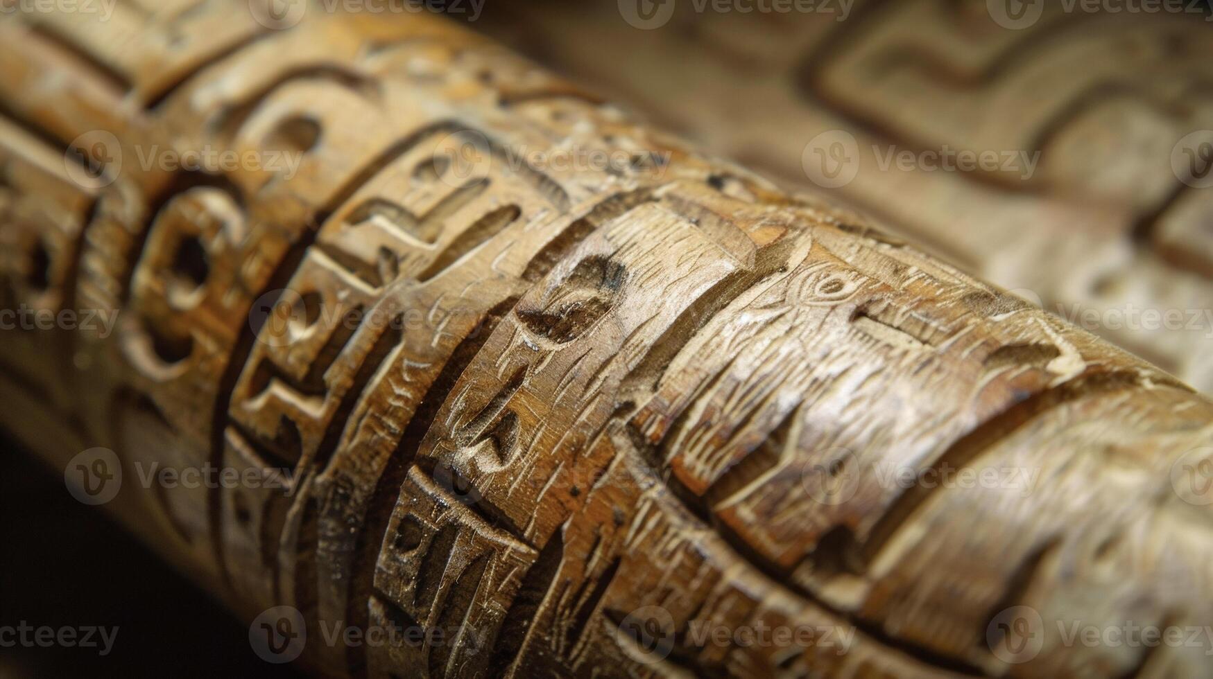 A closeup of a smooth pale brown stick reveals intricate carvings and symbols etched into the surface. This stick is believed to have healing powers when used in conjunctio photo