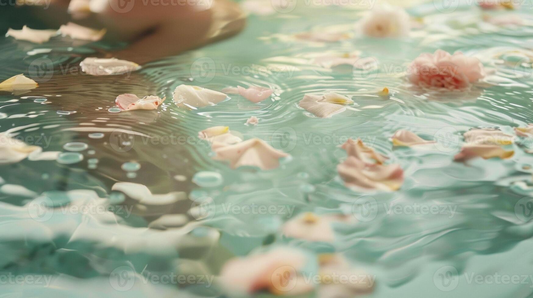 The hot water bubbles and swirls around a person sitting in the hot spring creating a soothing and rejuvenating effect. A few petals from nearby flowers float atop the surface photo