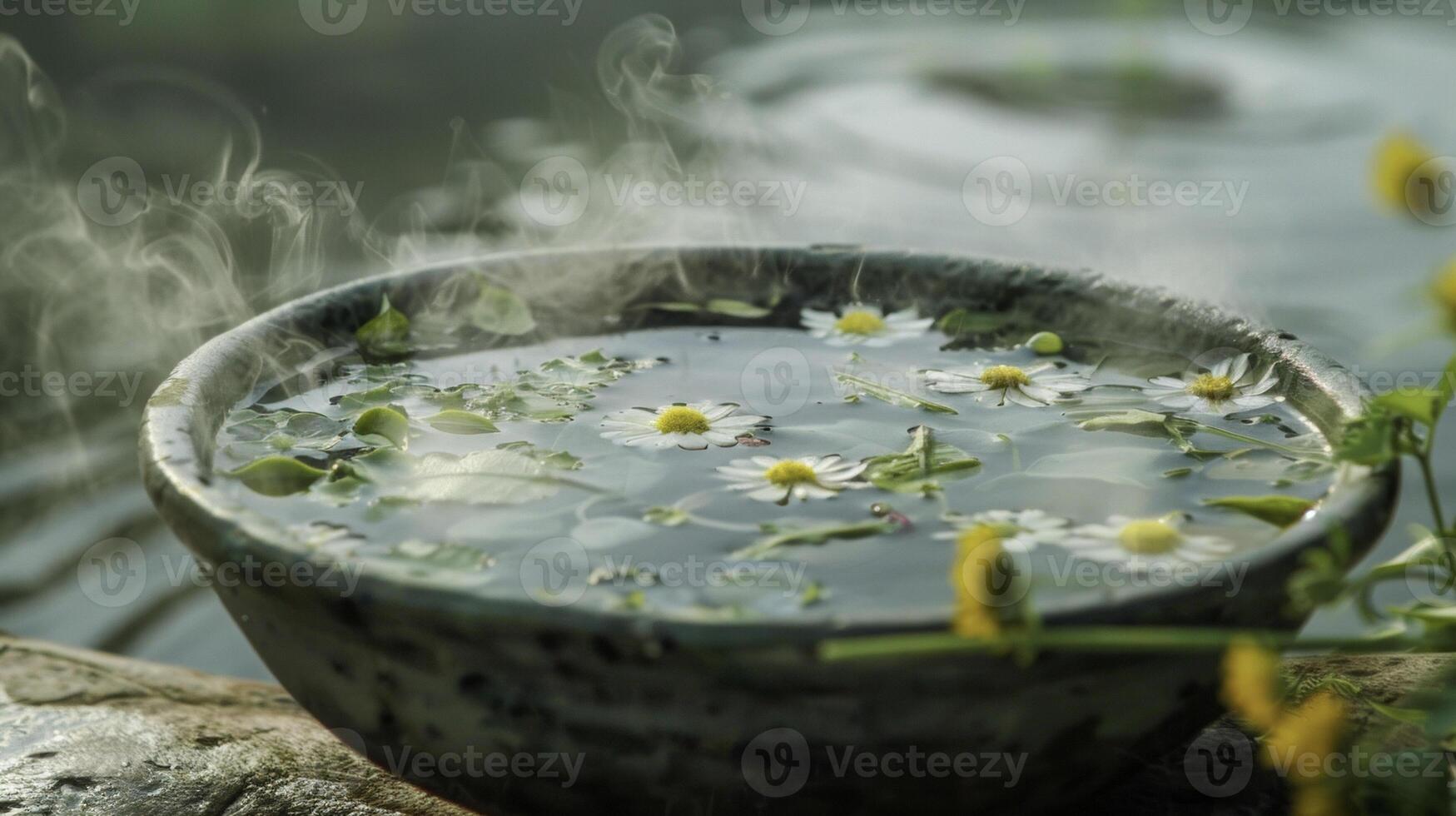 A bowl of steaming water with fragrant herbs floating on the surface. This is used in a cleansing ritual where a persons body and aura are washed in the healing propertie photo
