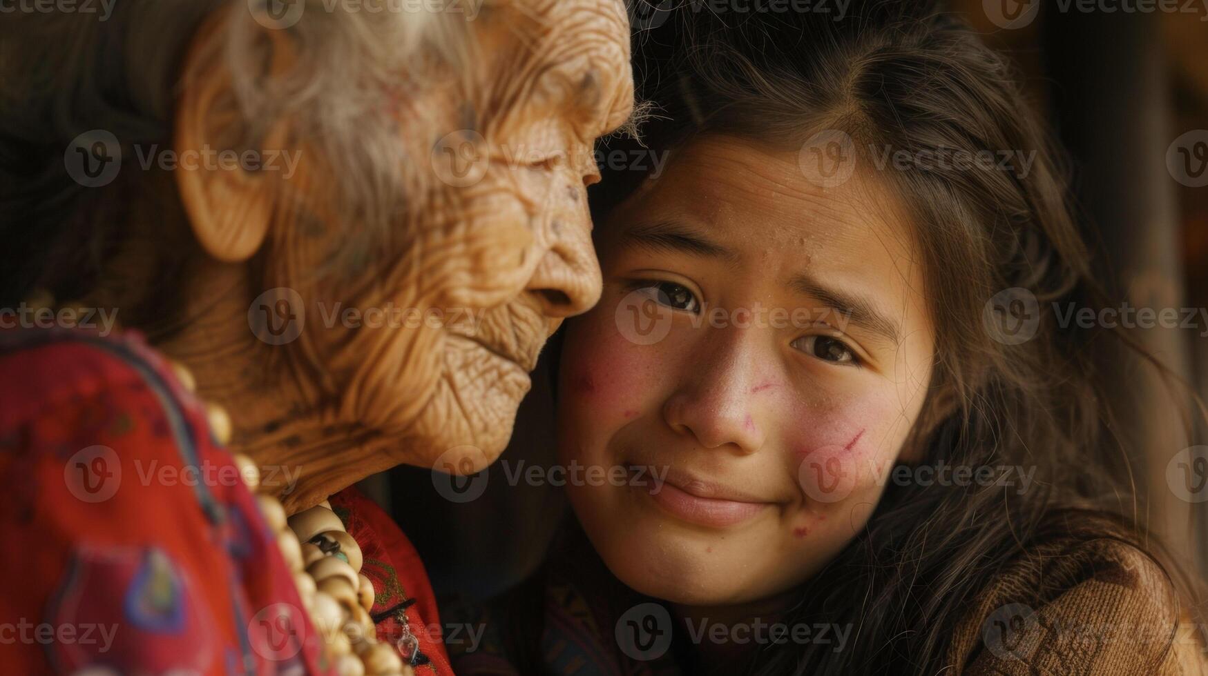 A wrinkled face leans in close to a young girl as the elder whispers ancient remedies passed down through generations photo