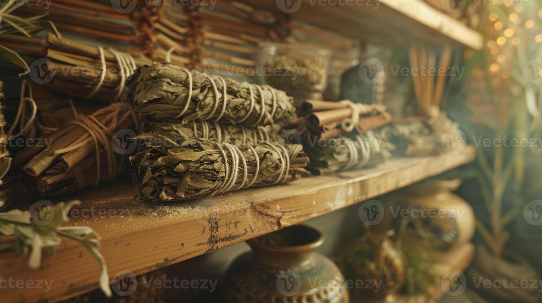 A closeup of a bundle of dried sage leaves tied together with string rests on a shelf next to various other herbs and plant materials. These bundles are often used in purificatio photo