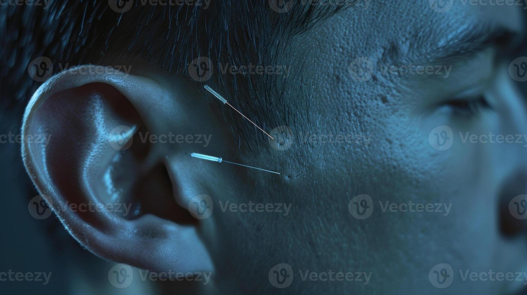 A closeup of a persons ear dotted with tiny acupuncture needles targeting specific points for conditions such as insomnia or anxiety photo
