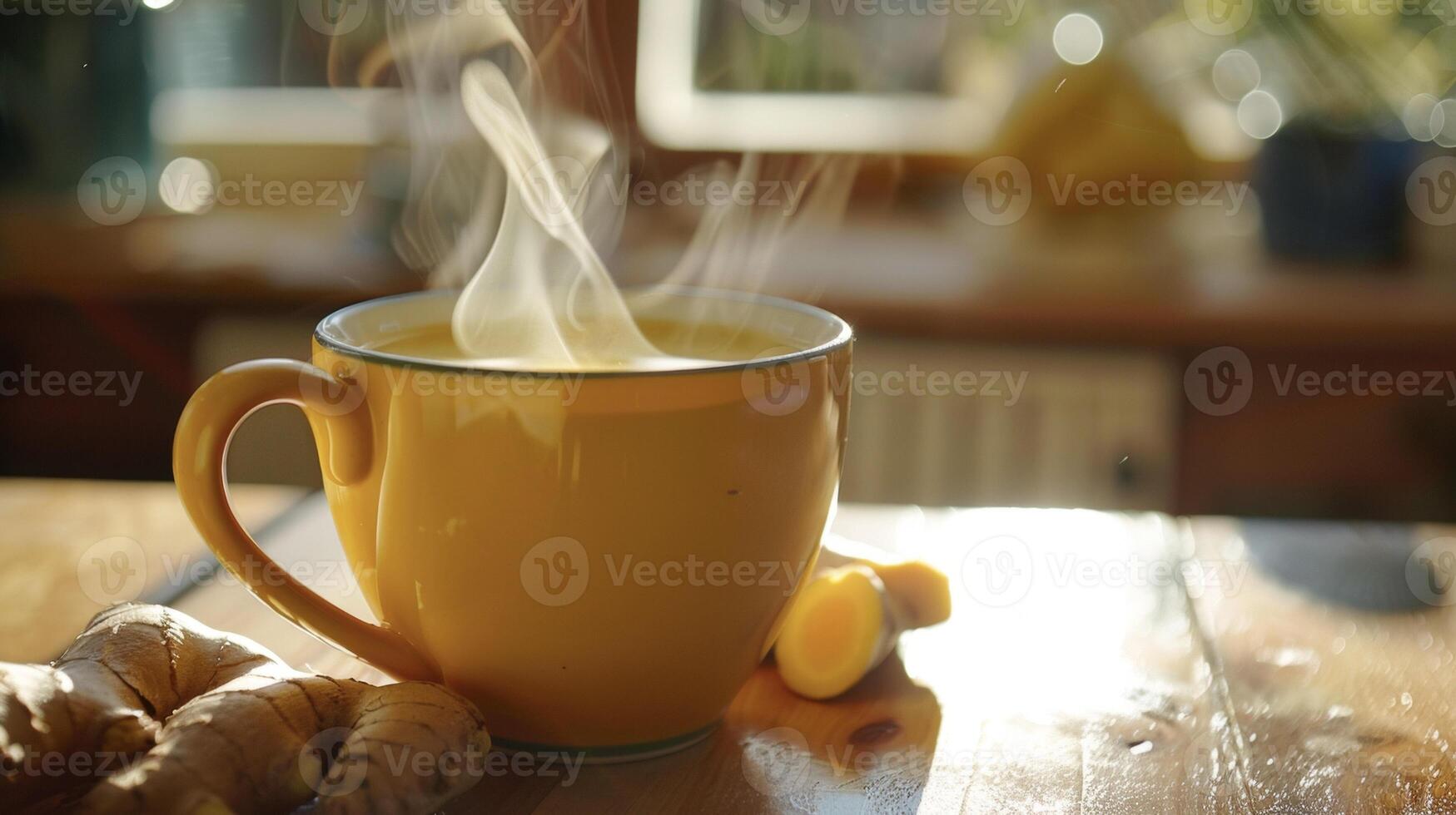 A mug of steaming turmeric and ginger tea believed to aid in digestion and boost immunity in Ayurvedic medicine photo