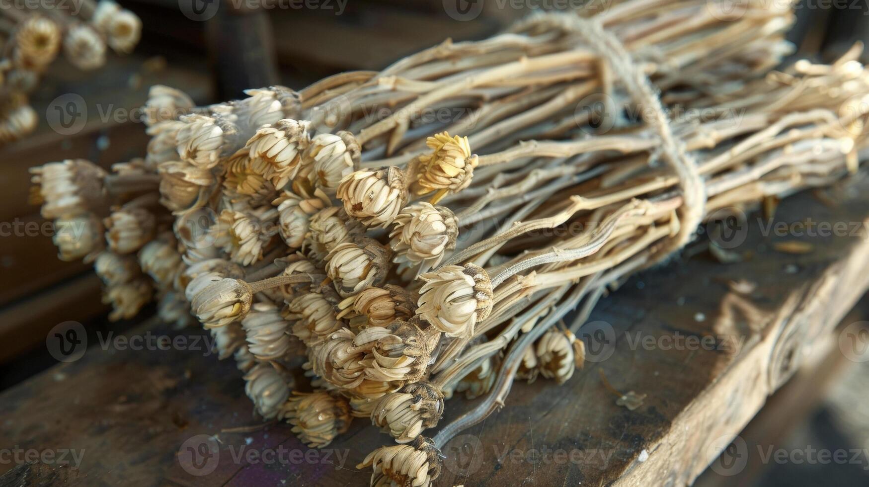 A bundle of dried chrysanthemum buds tied together with a string waiting to be steeped in hot water photo