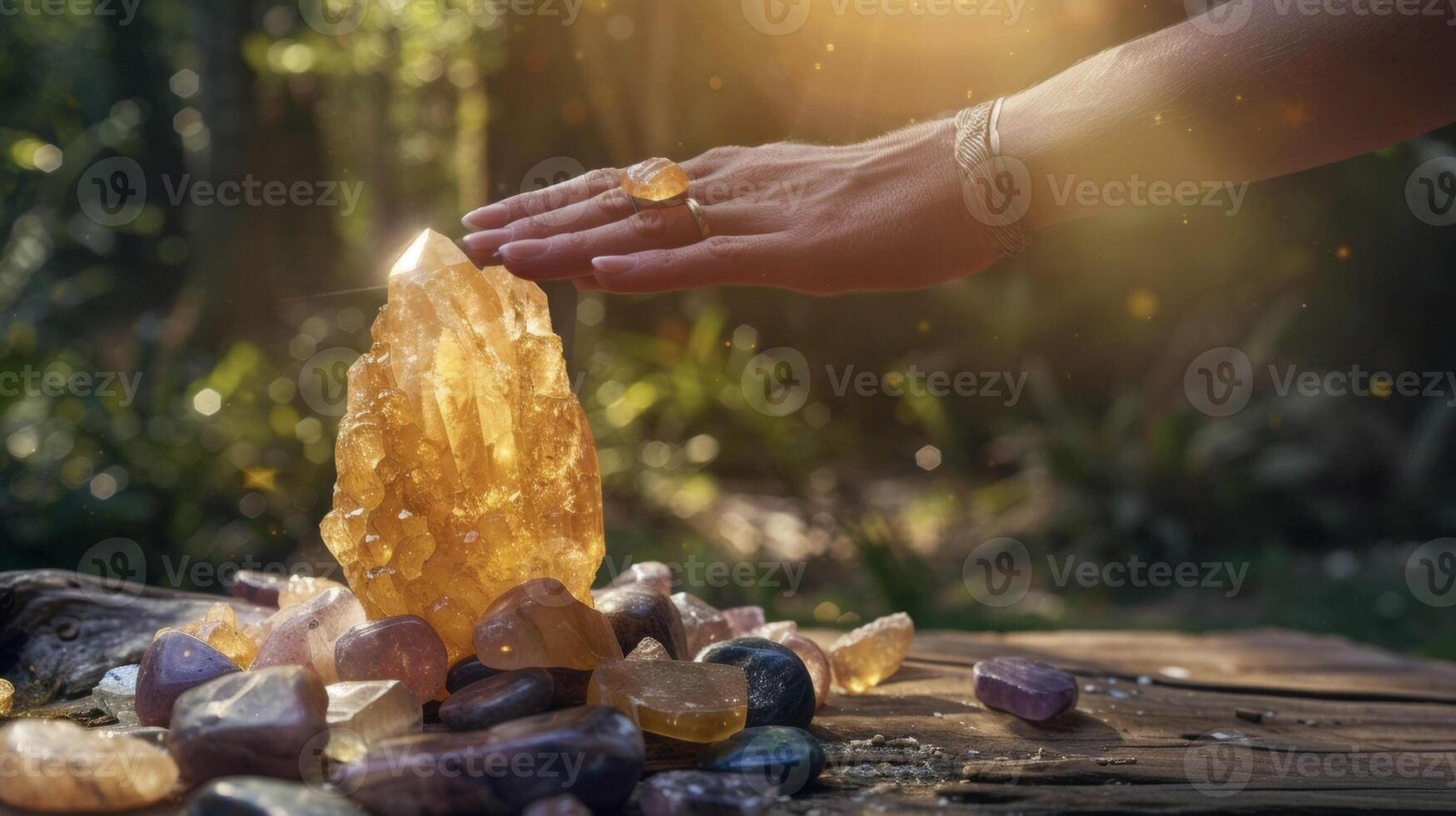 A single large citrine crystal sits atop a pile of healing stones on a wooden table. The shamans hand hovers above it seemingly guiding the crystals energy towards a specifi photo