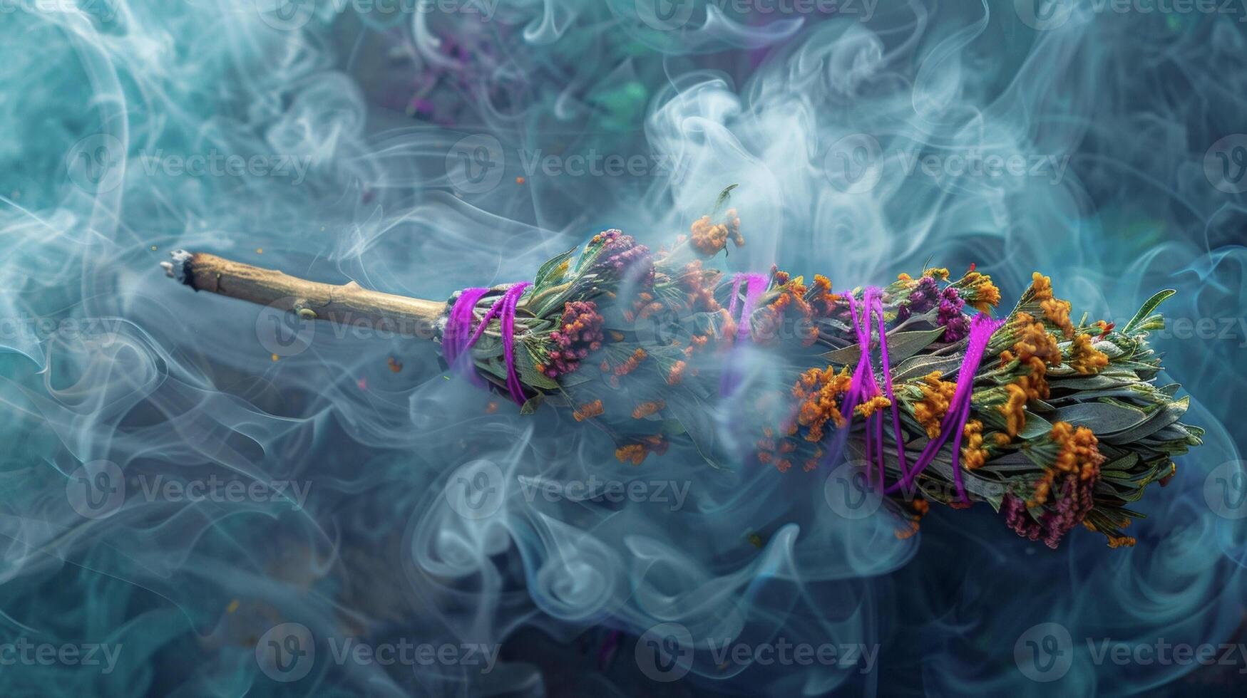 A smudge stick made of dried sage and tied with vibrant thread sends swirls of smoke into the air as it is used in a cleansing ceremony photo