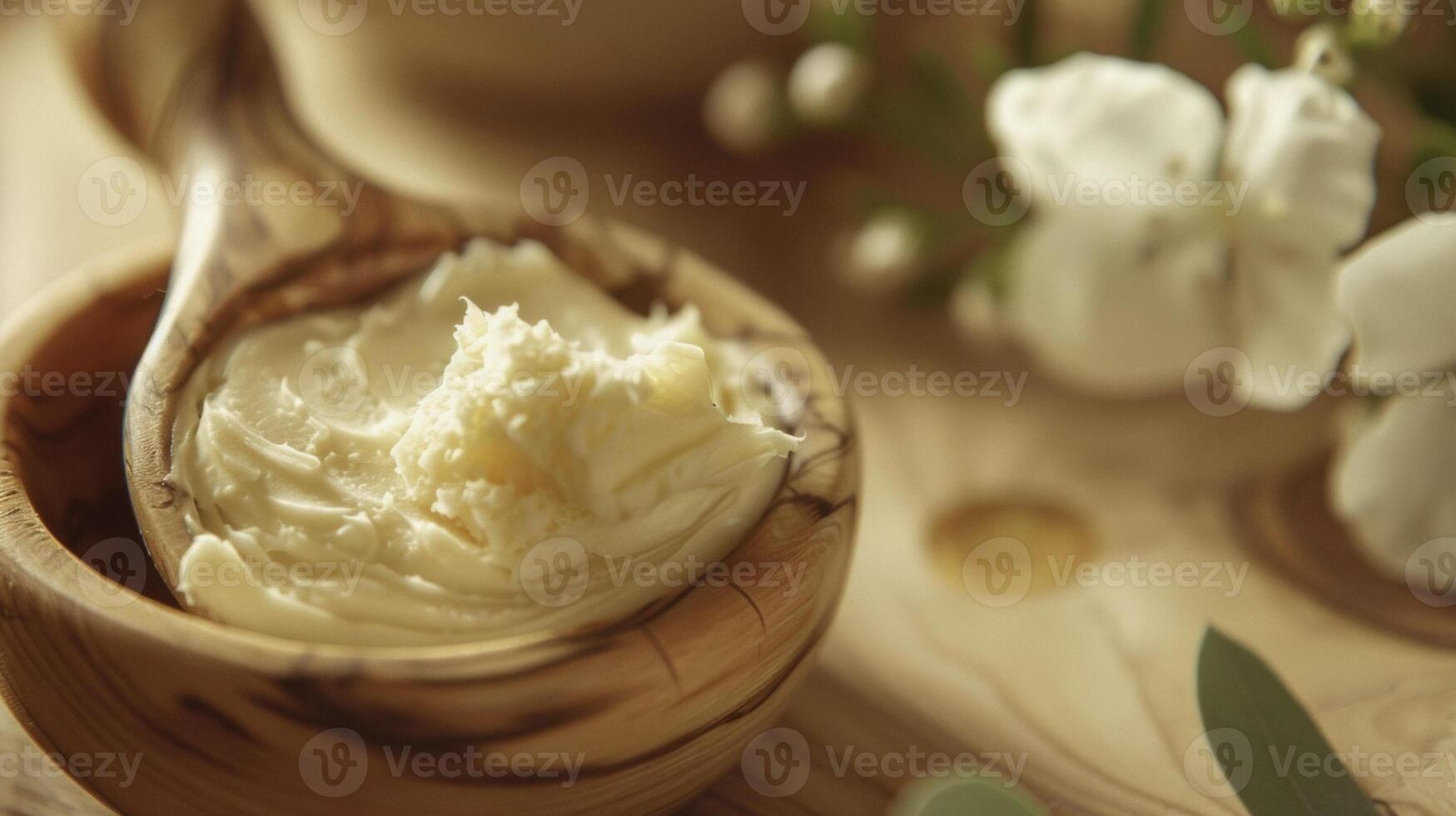 A closeup of a wooden s scooping out a thick creamy balm made from natural ingredients such as shea butter and essential oils for skin healing and nourishment photo