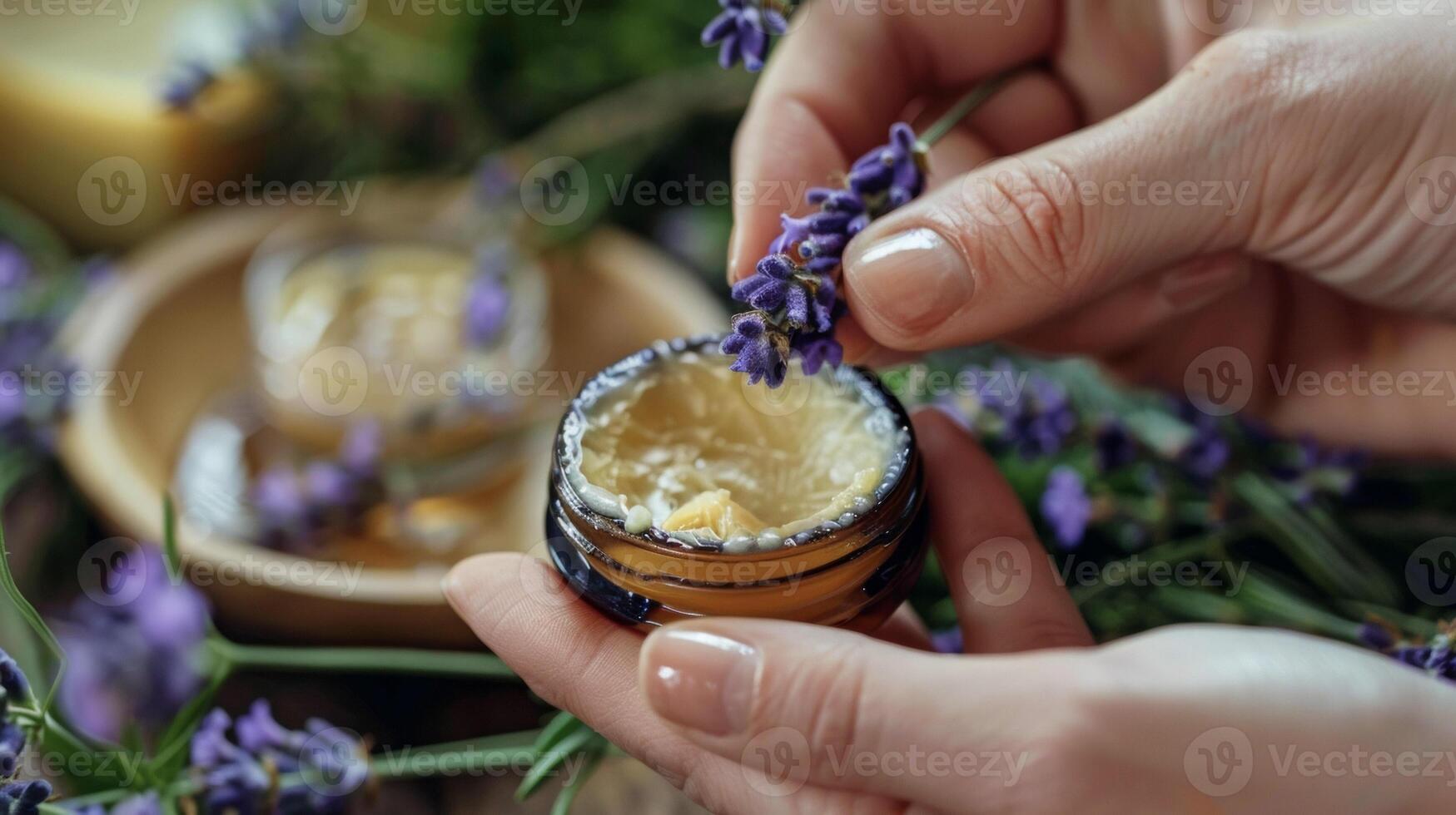 A persons fingers carefully apply a lavenderscented balm to their temples showcasing the practical application of aromatherapy in traditional medicine photo