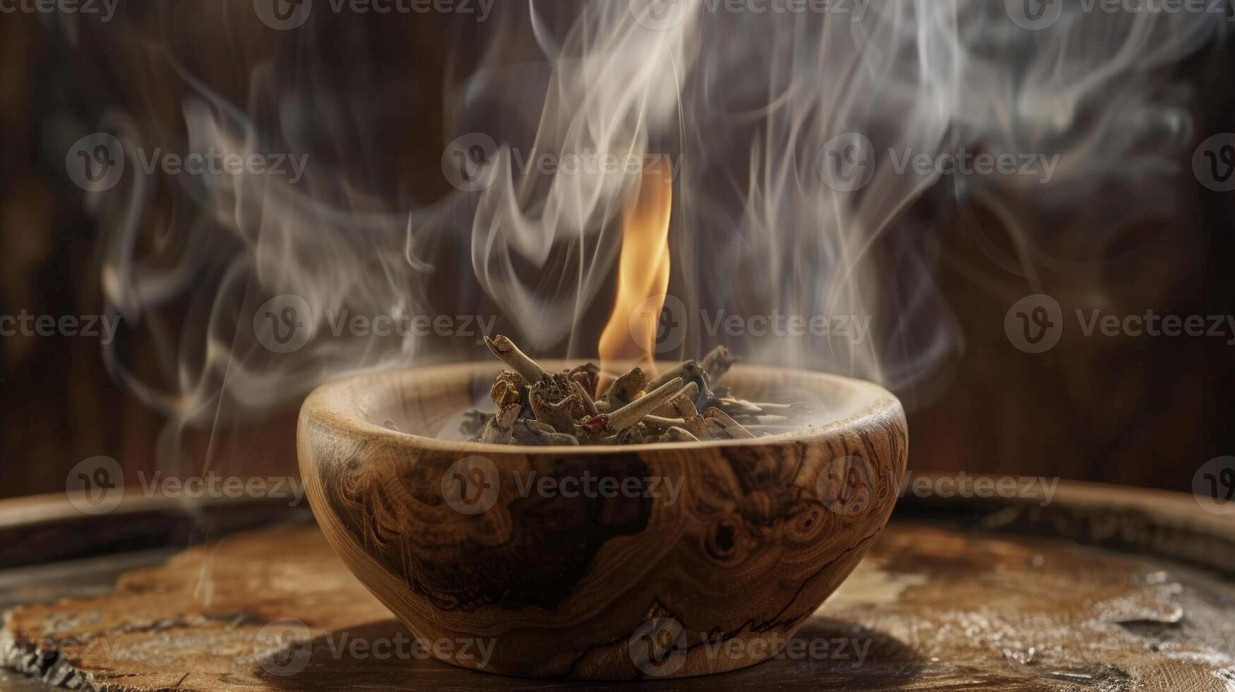 Whorls of smoke curling around a wooden and crystal smudge bowl filled with sacred cleansing herbs photo