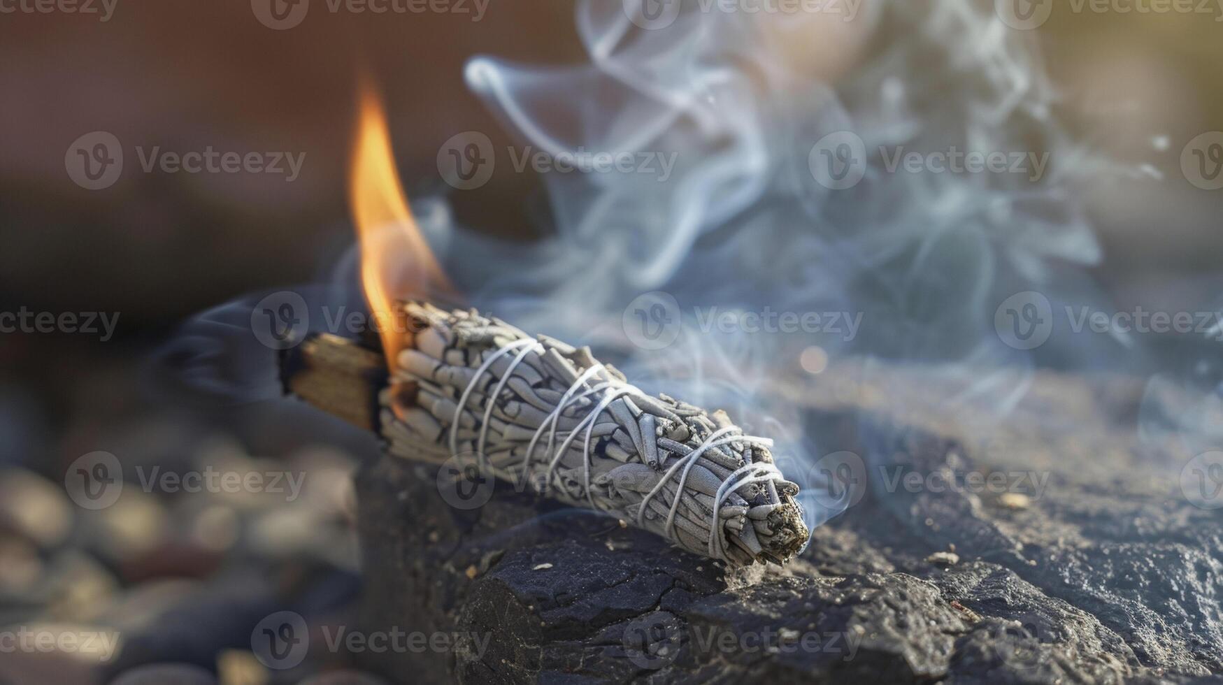 A closeup of a burning smudge stick used to cleanse and purify a space before an energy healing session. The smoke rising from the stick is believed to carry negative energ photo