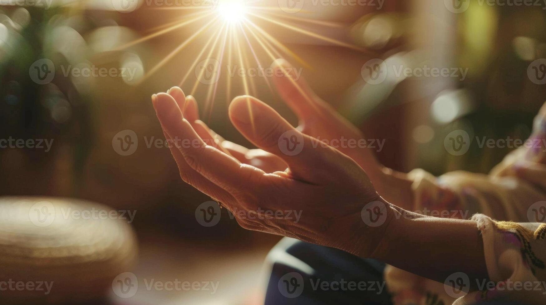 Two hands clasped together one radiating energy as it hovers above the other in the midst of a healing session photo