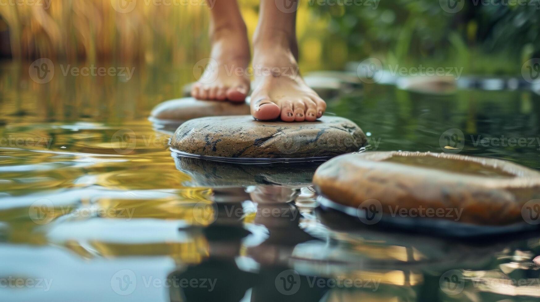 A persons feet suspended over a tranquil lake with the words Grounding Practices for Holistic Healin photo