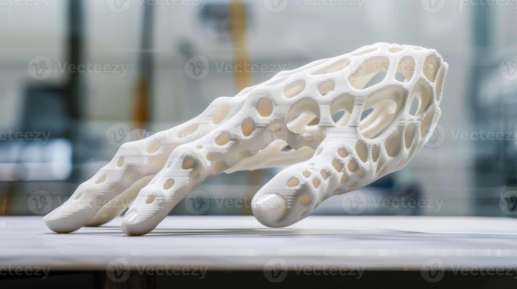 A 3D printed prosthetic hand showcasing the intersection of innovation and functionality in the medical field. The intricate design and precise construction of the hand demonstrat photo