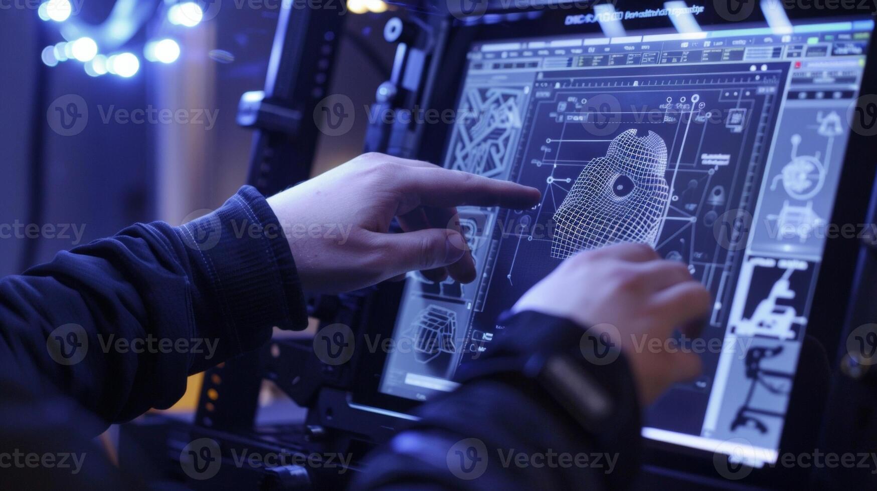 A closeup of a scientists hands as they manipulate a screen filled with code and digital blueprints for a 3D printed object. image showcases the technical aspects o photo