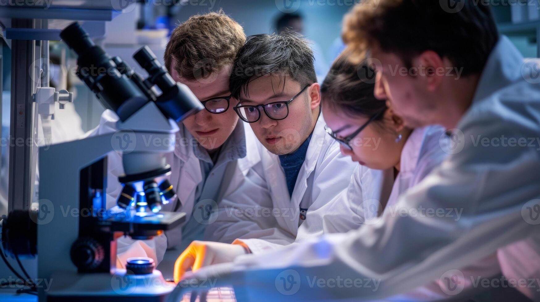 Inside a clean room a group of researchers huddle around a microscope studying a thin slice of tissue dotted with tiny glowing particles. They are testing the efficacy o photo