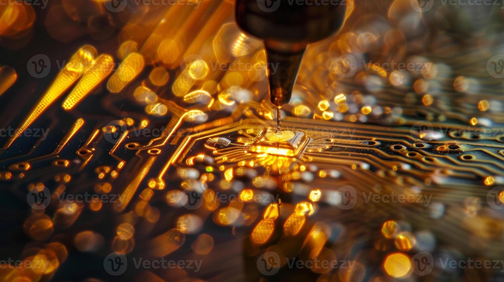 A macro image of a small piece of crystal being carefully p onto a circuit board illustrating the intricate process of integrating piezoelectric materials into electroni photo