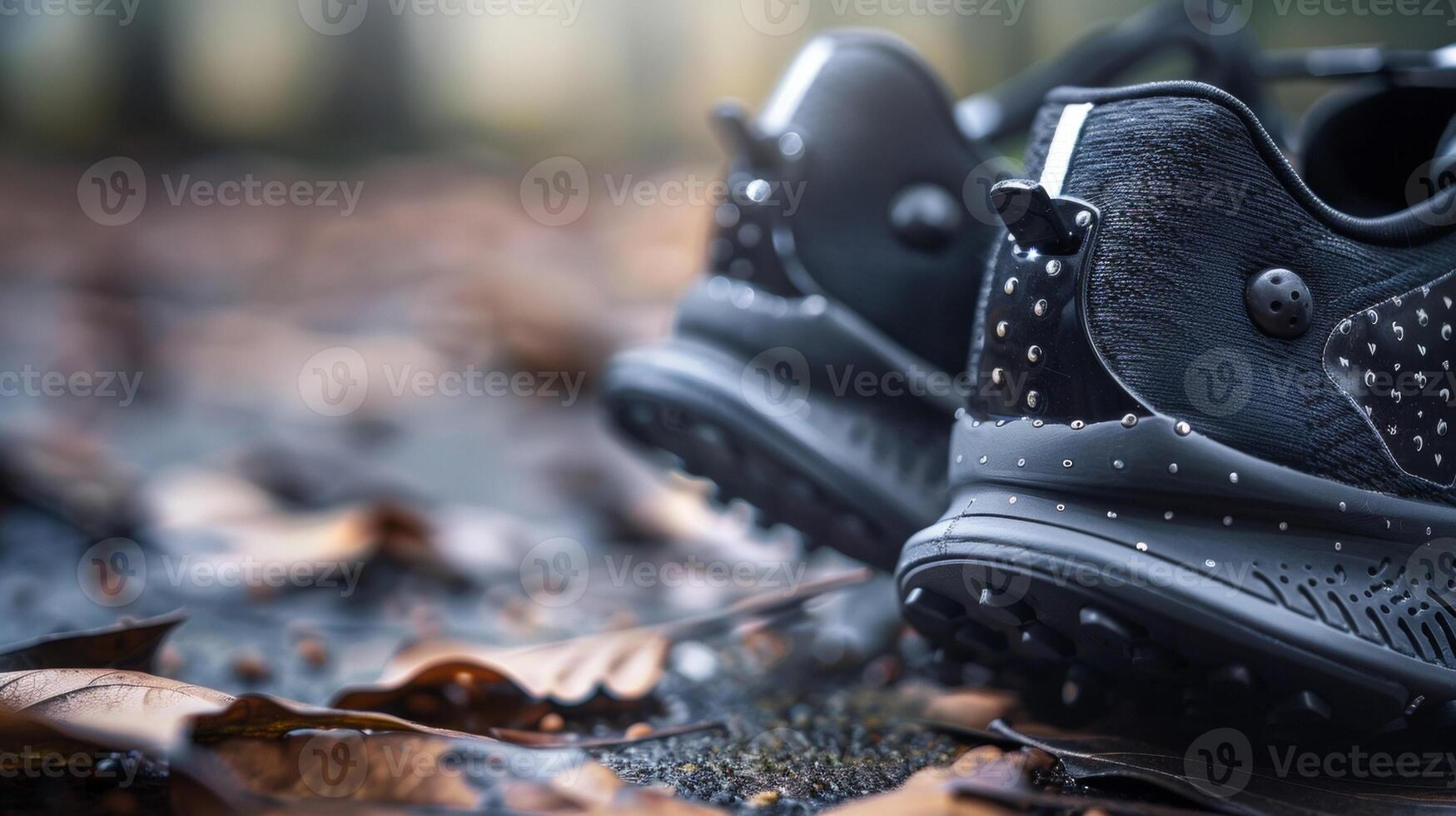 A closeup of a pair of smart shoes reveals tiny sensors and microchips embedded in the soles allowing for precise tracking of steps distance and calories burned. These shoe photo