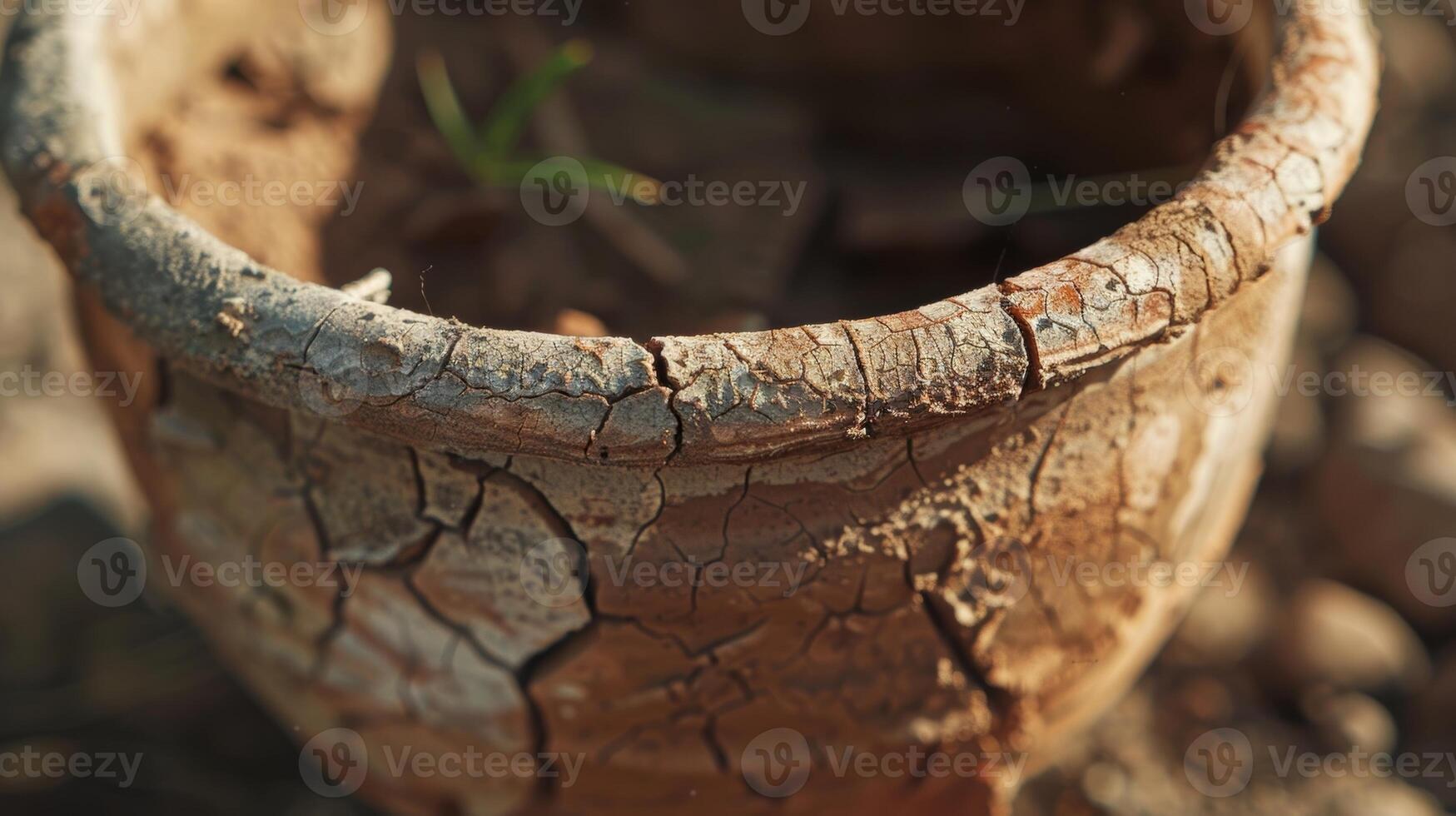 A closeup of a mud pot with a thin layer of dried mud on its surface resembling a cracked desert photo